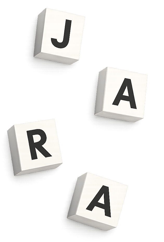 White JARA letter cubes floating on a clean studio background